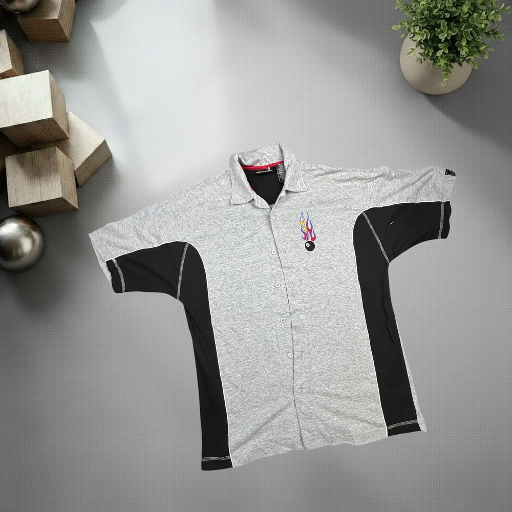 Vintage Y2K No Boundaries Flaming 8 Ball Colorblock Button Up Shirt Mens Medium